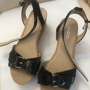 Black patent ankle strap cork wedge sandals Nwot